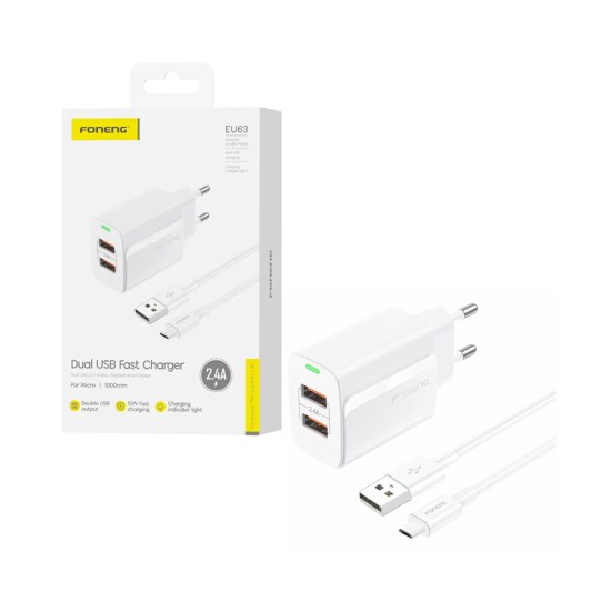 Foneng Charger EU63 with Micro Cable 1m Dual Port USB-A 2.4A White